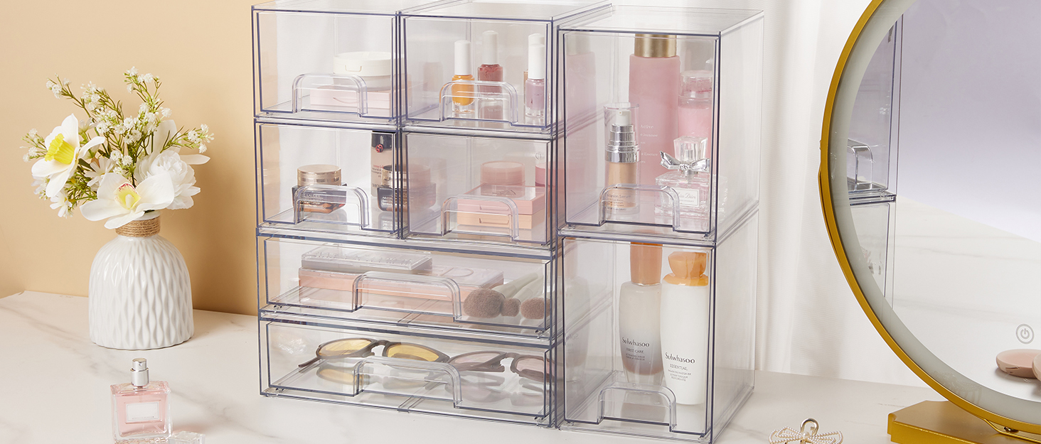 Private Label Vtopmart 12.1''W Clear Stackable Storage Drawers,2 Pack Acrylic Plastic Organizers Bins for Makeup Palettes, Cosmetics, and Beauty Supplies,Ideal for Vanity, Bathroom,Cabinet,Desk Organization Custom Logo Service