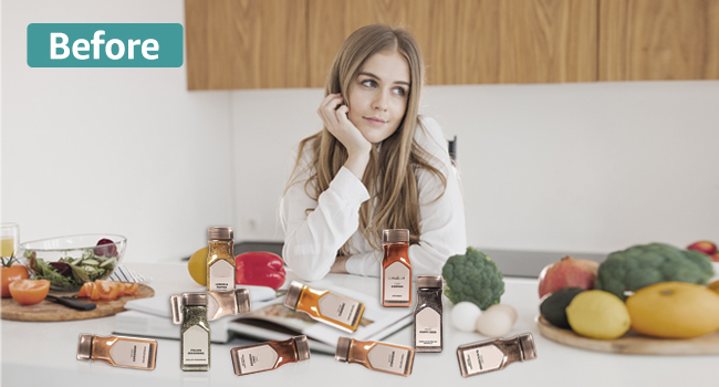 One woman frets over a messy table of spices and wishes she had a spice rack shelf for her desk