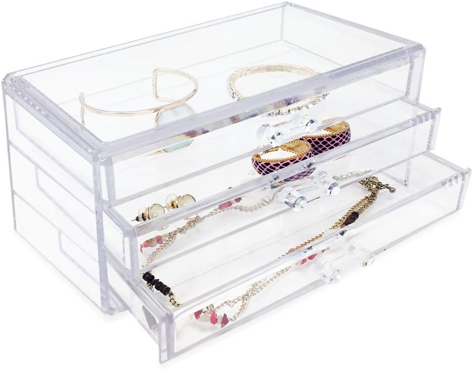 Direct Manufacturer Isaac Jacobs Clear Acrylic 3-Drawer Stackable Jewelry Organizer, Cosmetic & Makeup Case with 3-Drawer Trays, Made for Bedroom, Bathroom, Countertop & Dresser Low MOQ