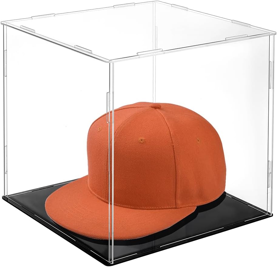 AHANDMAKER Display Case Clear Cube Baseball Holder Hat Box with Black Base Acrylic Display Case for Action Figures, Baseball, 8.07x8.07x8.27 Inch