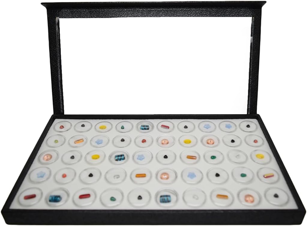 Novel Box Large Jewelry Display Case 14.75x8.25x1.15 + 50 Gems Jars - Magnetic Jewelry Box Detachable Clear Acrylic Lid & White Tray Foam Liner - Rock Storage Box - Display Box for Collectibles