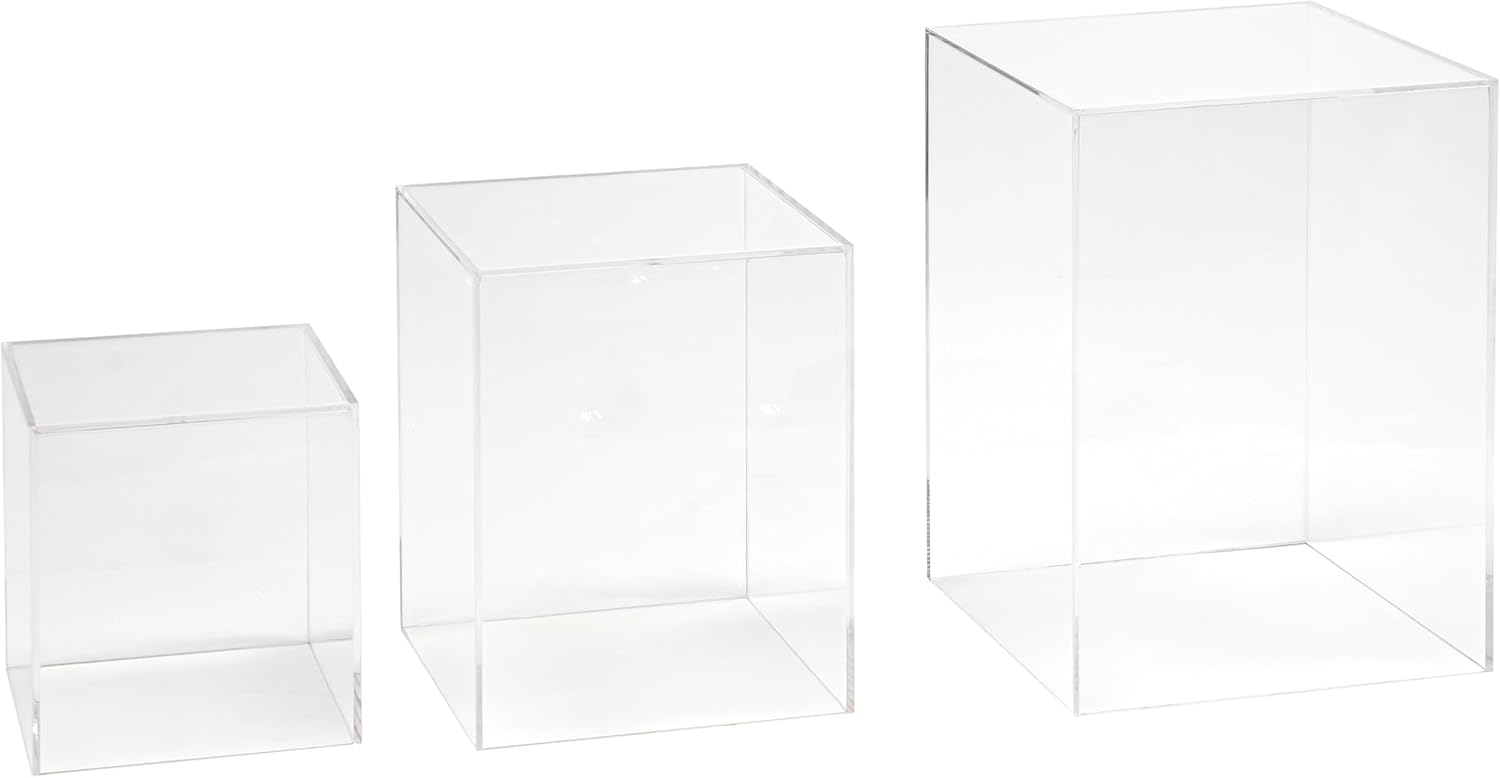 Private Label Red Co. Set of 3 (5", 7", 9") Square Clear Acrylic Event Decor Display Pedestal Stands with Polished Edges OEM Wholesale Manufacturer
