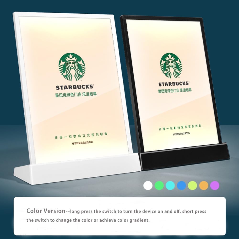 Private Label LED Sign Holder Clear Sign Holder with LED Light Box, Table Menu Display Stand with Color Lights LED Menu Board A4 (color version L shape with white frame) Ecommerce Ready Product