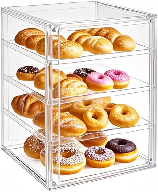 Pastry Display Case Bread Box Acrylic Case Donut Cake Pie Cabinet Dessert Muffins Cookies for Kitchen Countertop 4-Tier Adjustable Clear Bread Storage with Magnetic Door(4 Floors)