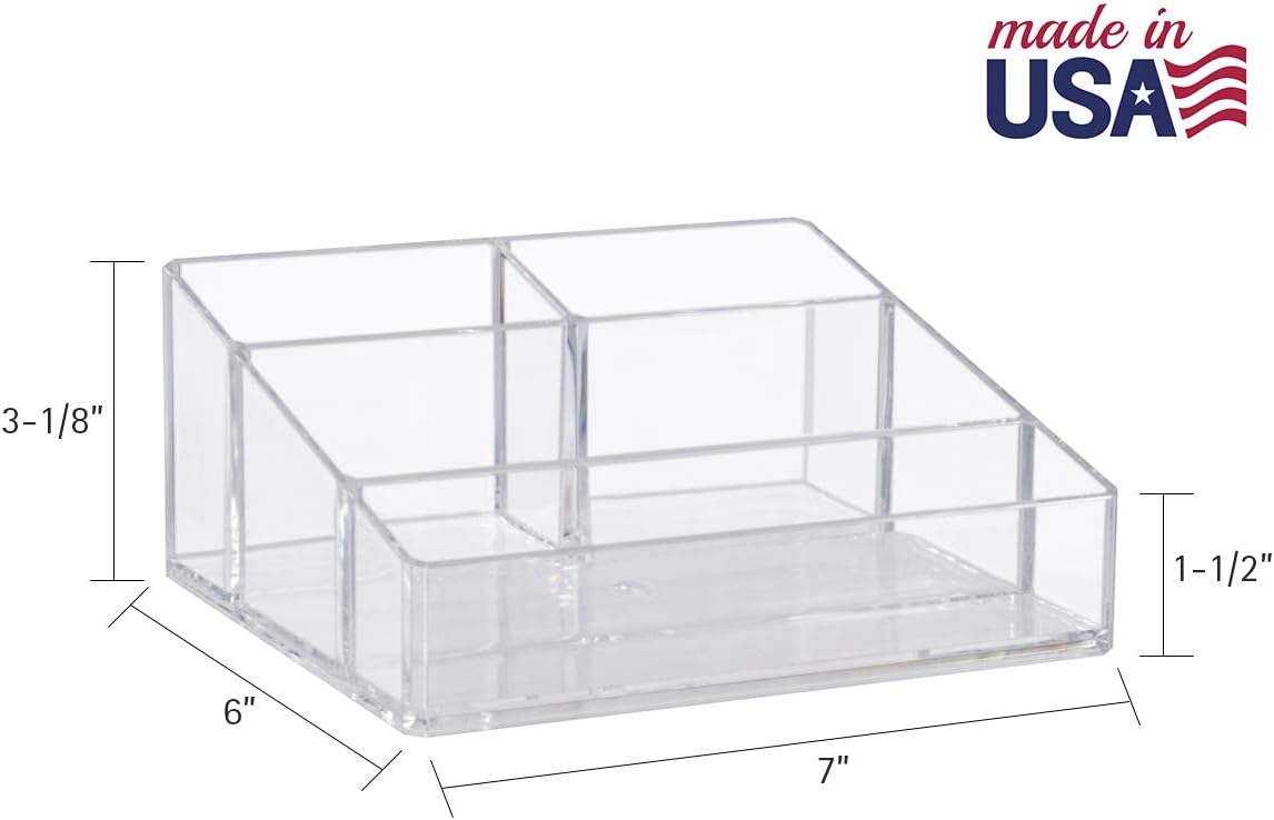 Private Label STORi Clear Plastic Vanity Makeup Organizer | Compact Rectangular 4-Compartment Holder for Brushes, Eyeshadow Palettes, & Beauty Supplies | Made in USA Custom Logo Service