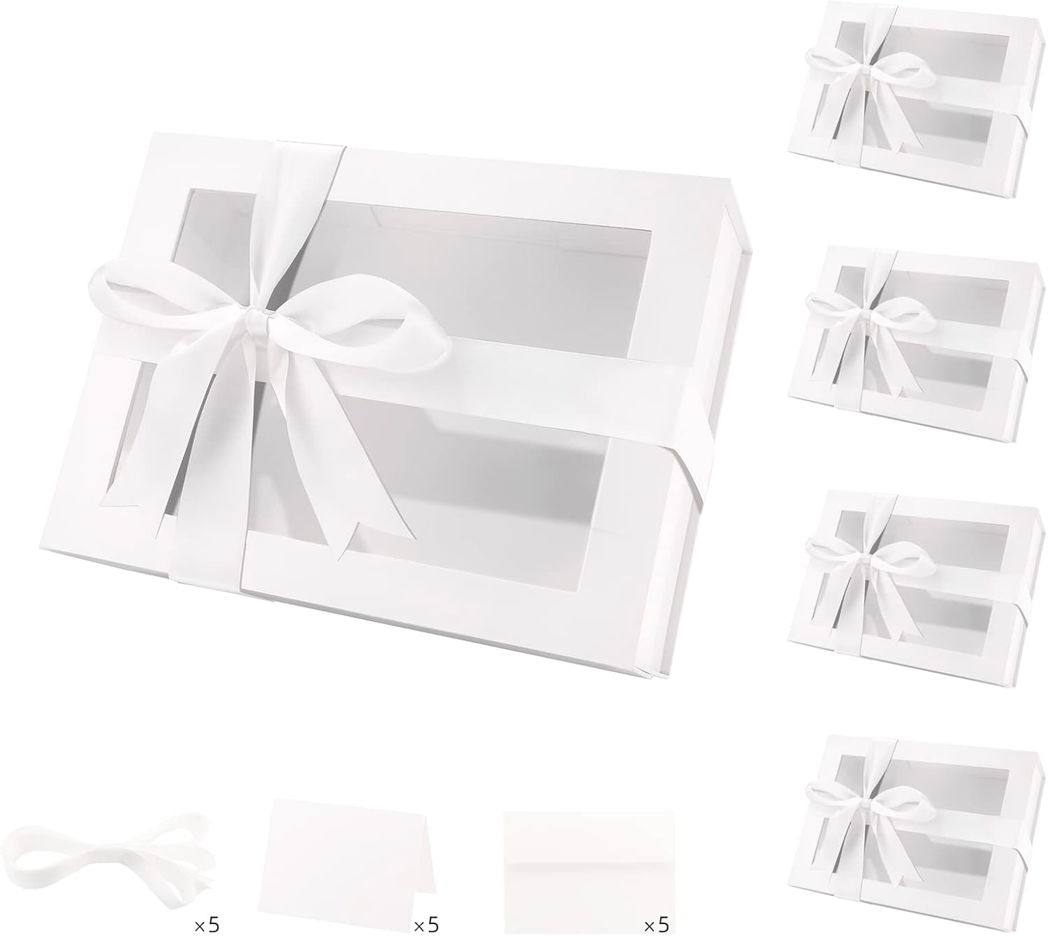 5 White Gift Boxes with Windows, 9x6.5x3.8 Inches, Clear Gift Boxes for Presents Contain Ribbons, Cards, Bridesmaid Proposal Boxes, Mothers Day Gift Boxes with Magnetic Lids (Glossy White)