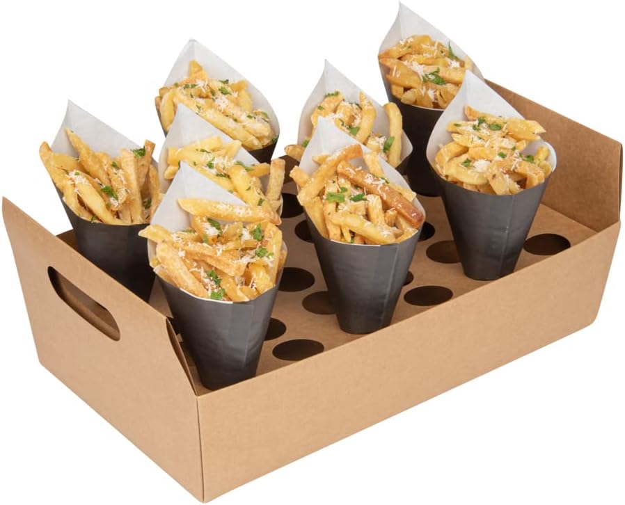 Restaurantware Cone Tek 14.2 x 8.3 x 5.9 Inch Paper Cone Holders 10 Sturdy Cone Holders - With Handles 30 Slots Kraft Paper Confetti Cone Stand Box Tray For Weddings or Parties