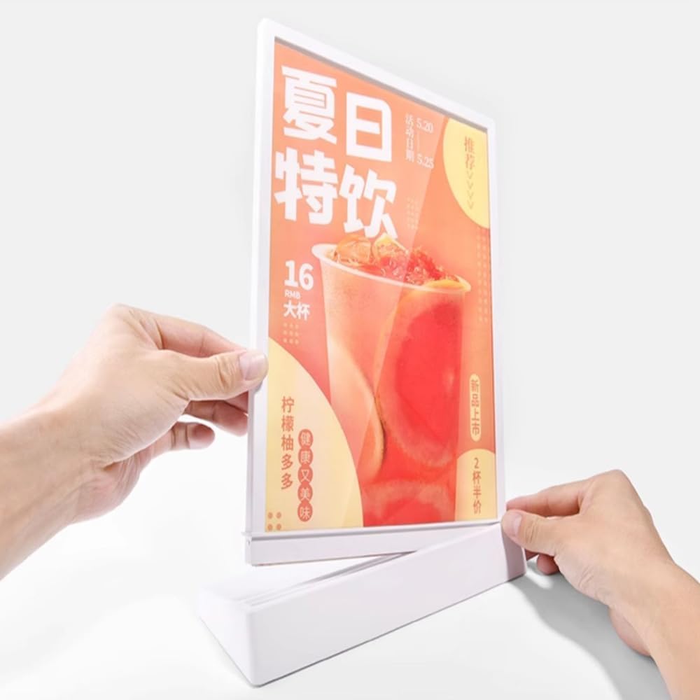 Private Label LED Sign Holder Clear Sign Holder with LED Light Box, Table Menu Display Stand with Color Lights LED Menu Board A4 (color version L shape with white frame) Ecommerce Ready Product