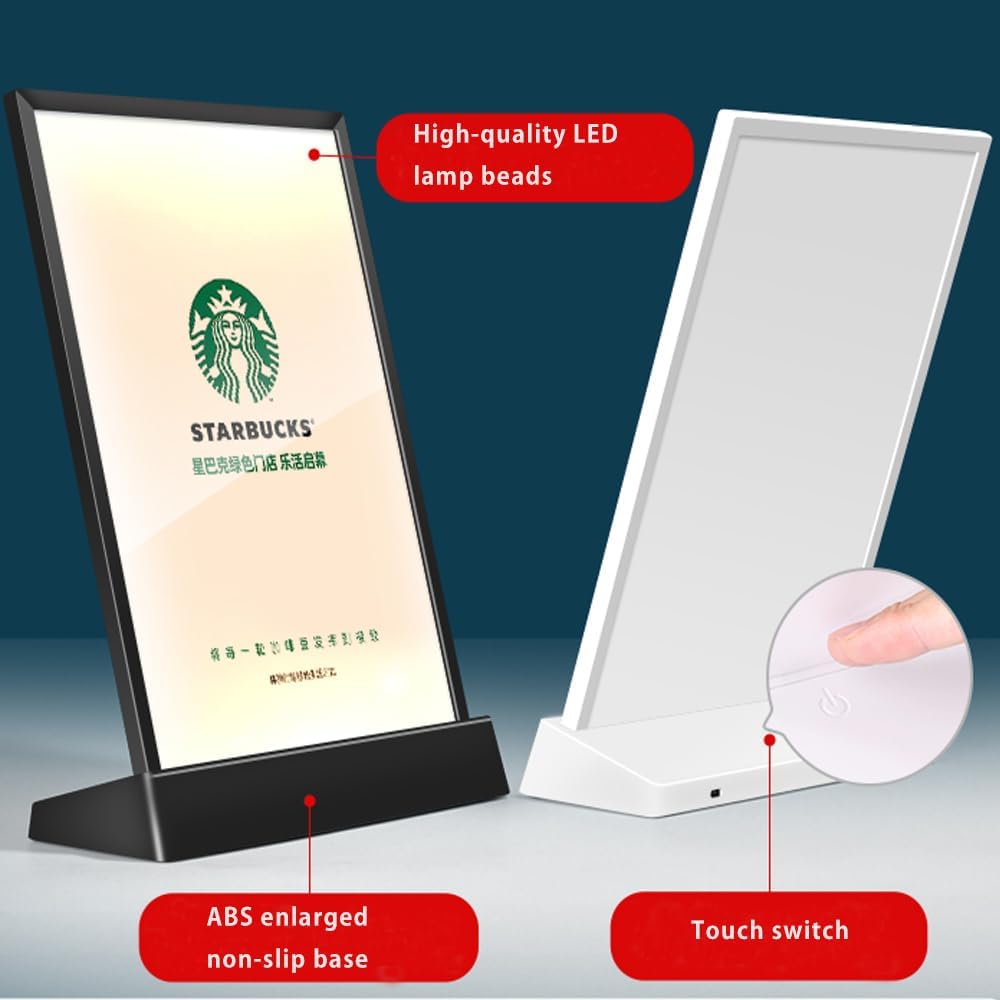 Private Label LED Sign Holder Clear Sign Holder with LED Light Box, Table Menu Display Stand with Color Lights LED Menu Board A4 (color version L shape with white frame) Ecommerce Ready Product