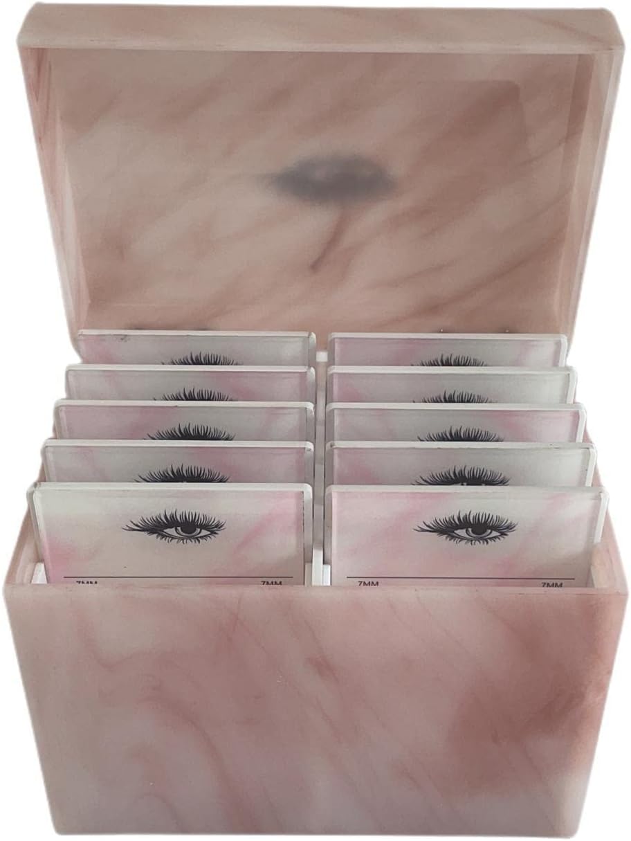 Private Label 10 Layers Acrylic Eyelash Storage Box,Eyelash Holder Extension Tool,Makeup Organizer False Eyelashes Glue Pallet Holder, Grafting Eye lashes Close-Packed Display with 10 Pallets (Pink Marble) Custom Logo Service