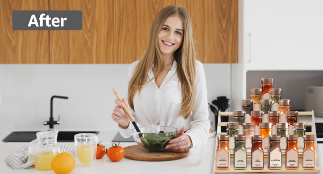 A woman is cooking with one spice shelves on the table