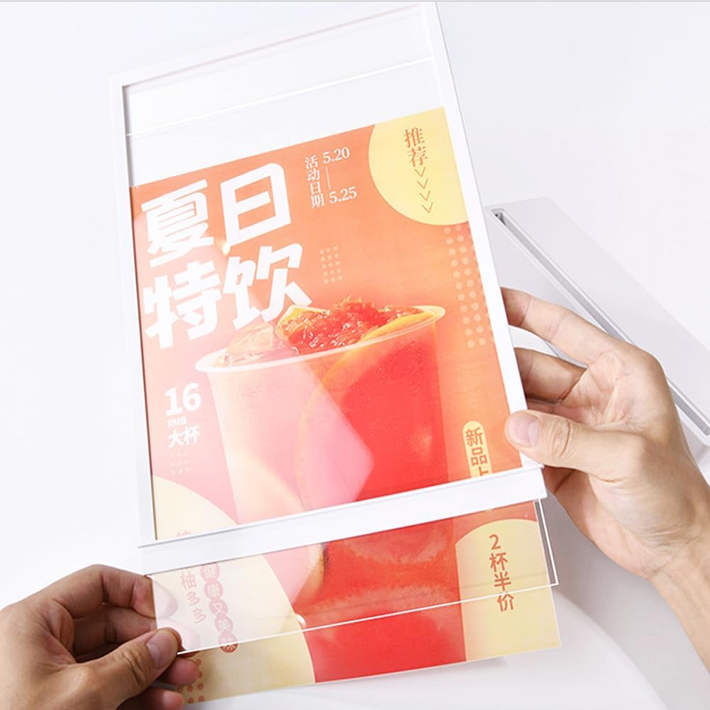 Private Label LED Sign Holder Clear Sign Holder with LED Light Box, Table Menu Display Stand with Color Lights LED Menu Board A4 (color version L shape with white frame) Ecommerce Ready Product