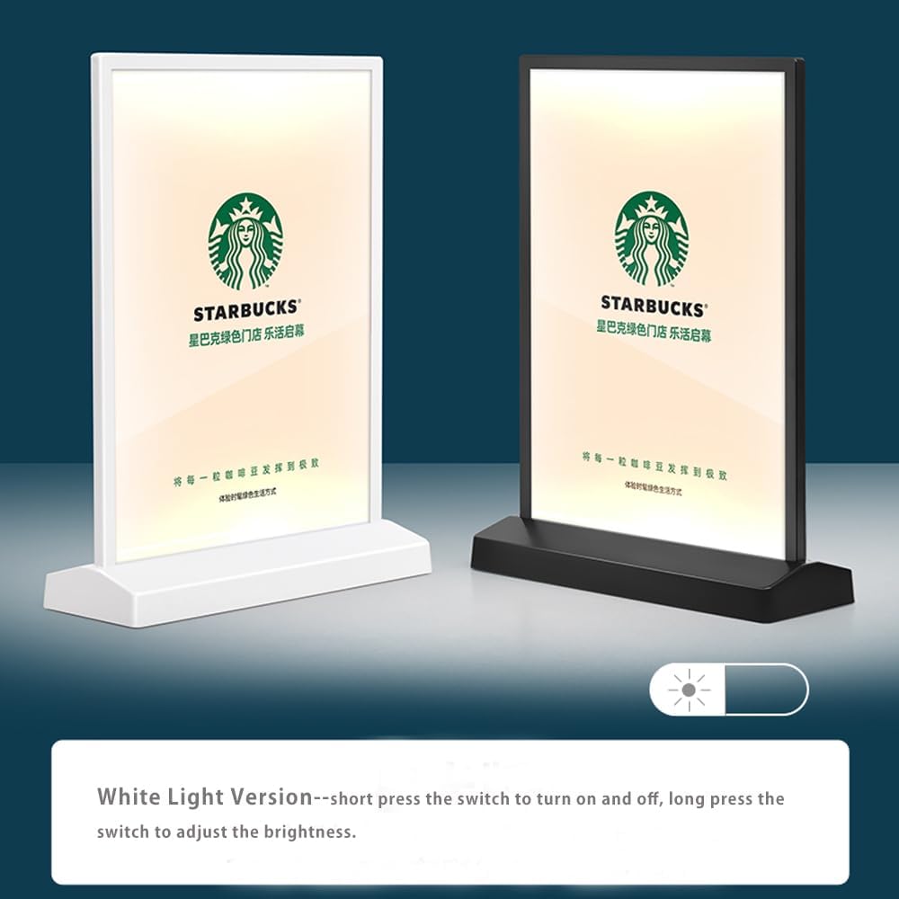 Private Label LED Sign Holder Clear Sign Holder with LED Light Box, Table Menu Display Stand with Color Lights LED Menu Board A4 (color version L shape with white frame) Ecommerce Ready Product