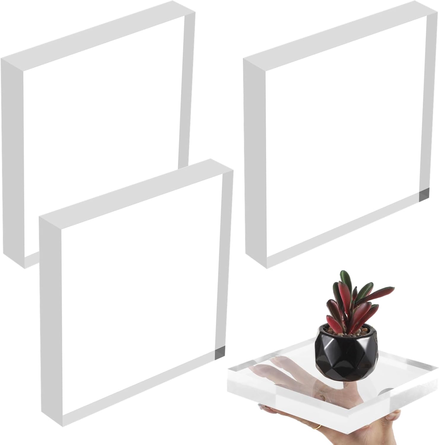 4 Pcs Acrylic Blocks for Display - 6×6×1" Clear Acrylic Cubes, Square Jewelry Display Risers, Polished Ring Display Holder Bases, Cake Craft Showcase Stands