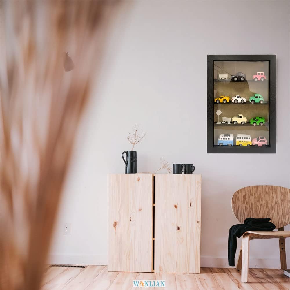Private Label WANLIAN Large Shadow Box with Shelves, 11x16 Wooden Shadow Box Display Cabinet with Acrylic Window, 3 Removable Shelves and Linen Back, for Displaying Photo Souvenir Collection (Black) Wholesale Manufacturer