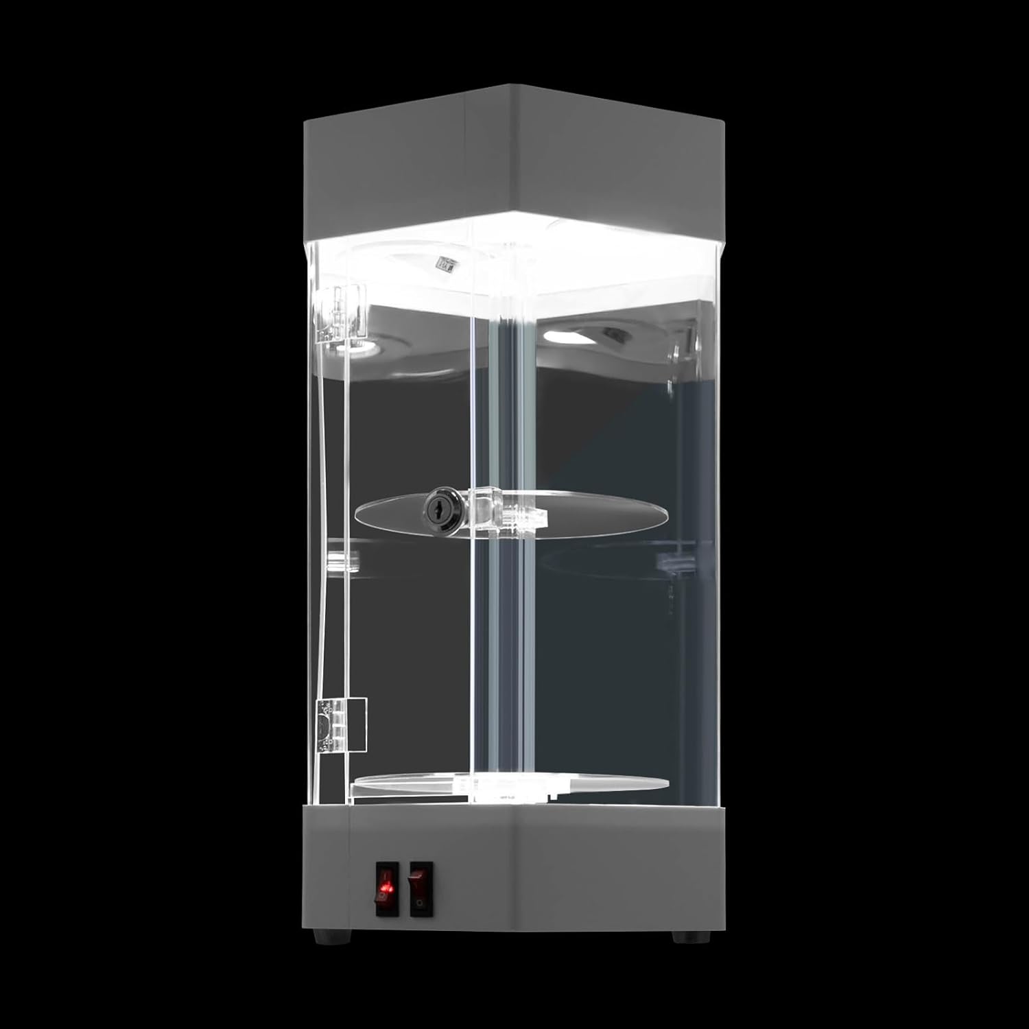 Electric Rotating Display Case Lockable Acrylic Jewelry Display Case Modern Collection Storage Display Cabinet Showcase Jewelry Storage Organizer with LED Lights and Locks for Home Shop, White & Clear