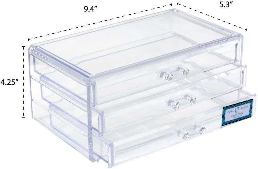 Direct Manufacturer Isaac Jacobs Clear Acrylic 3-Drawer Stackable Jewelry Organizer, Cosmetic & Makeup Case with 3-Drawer Trays, Made for Bedroom, Bathroom, Countertop & Dresser Low MOQ