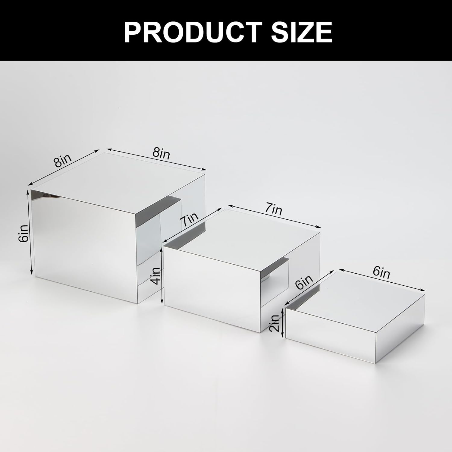 Private Label Acrylic Silver Mirror Display Riser, 3 Pcs Glossy Silver Risers for Display Food Display Lifter Nesting Display Risers Hollow Bottom, Acrylic Box Rack Perfume Cosmetics Collection Stand OEM Wholesale Manufacturer