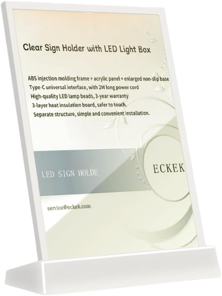 LED Sign Holder Clear Sign Holder with LED Light Box, Table Menu Display Stand with Color Lights LED Menu Board A4 (color version L shape with white frame)