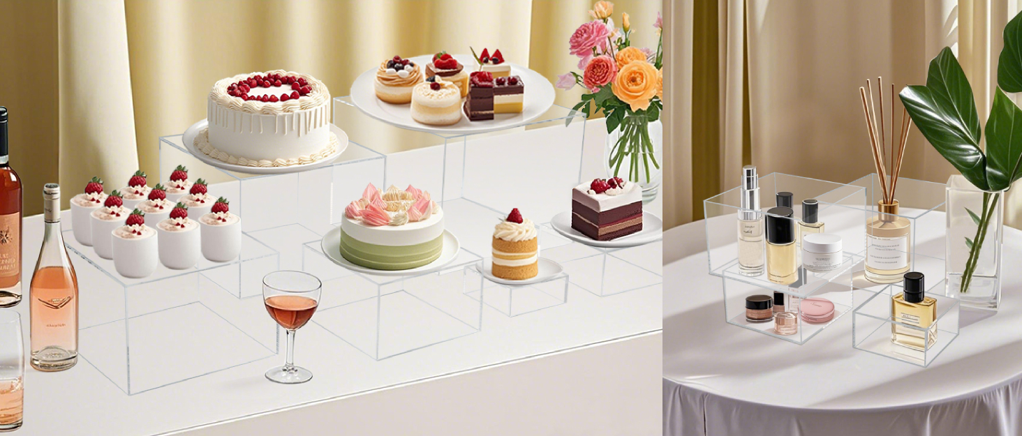 ODM Clisela 3pcs Acrylic Cube Display Stands Box Risers with Hollow Bottoms, Food Risers for Buffet Table, Decorative Display Stand Shelf for Dessert Collectibles Jewelry Figures Show - Clear 3" 4" 5" Custom Logo Service