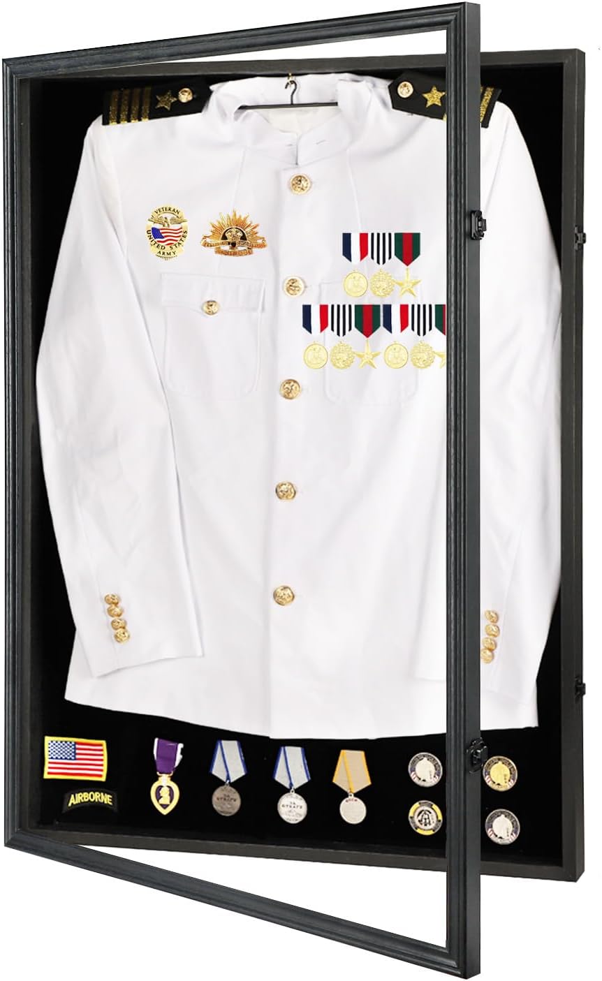 Private Label Military Uniform Display Case - Police Uniform Display Case - Lockable Wall Mount Cabinet with UV Protection Acrylic Door for Military Uniform, Jacket, XXL Jersey, Badage-Black Custom Mold Development