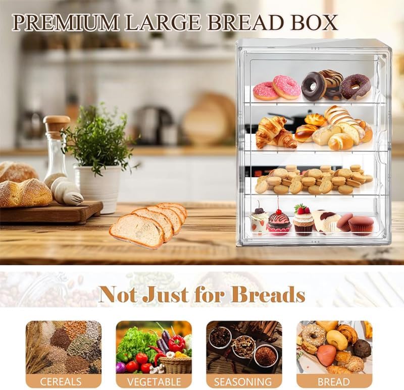 Wholesale OEM ODM Pastry Display Case Bread Box Acrylic Case Donut Cake Pie Cabinet Dessert Muffins Cookies for Kitchen Countertop 4-Tier Adjustable Clear Bread Storage with Magnetic Door(4 Floors) Factory & Supplier