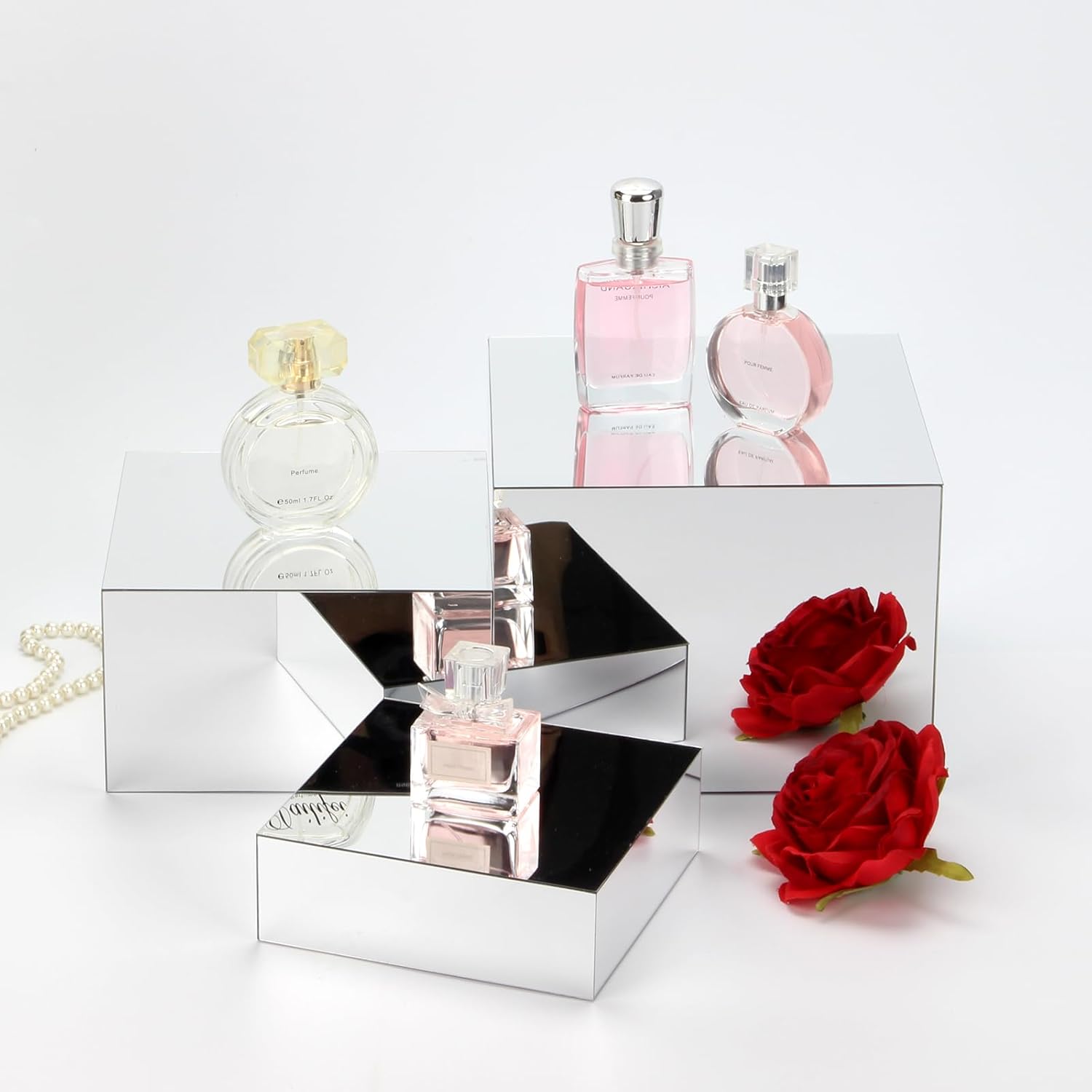 Private Label Acrylic Silver Mirror Display Riser, 3 Pcs Glossy Silver Risers for Display Food Display Lifter Nesting Display Risers Hollow Bottom, Acrylic Box Rack Perfume Cosmetics Collection Stand OEM Wholesale Manufacturer