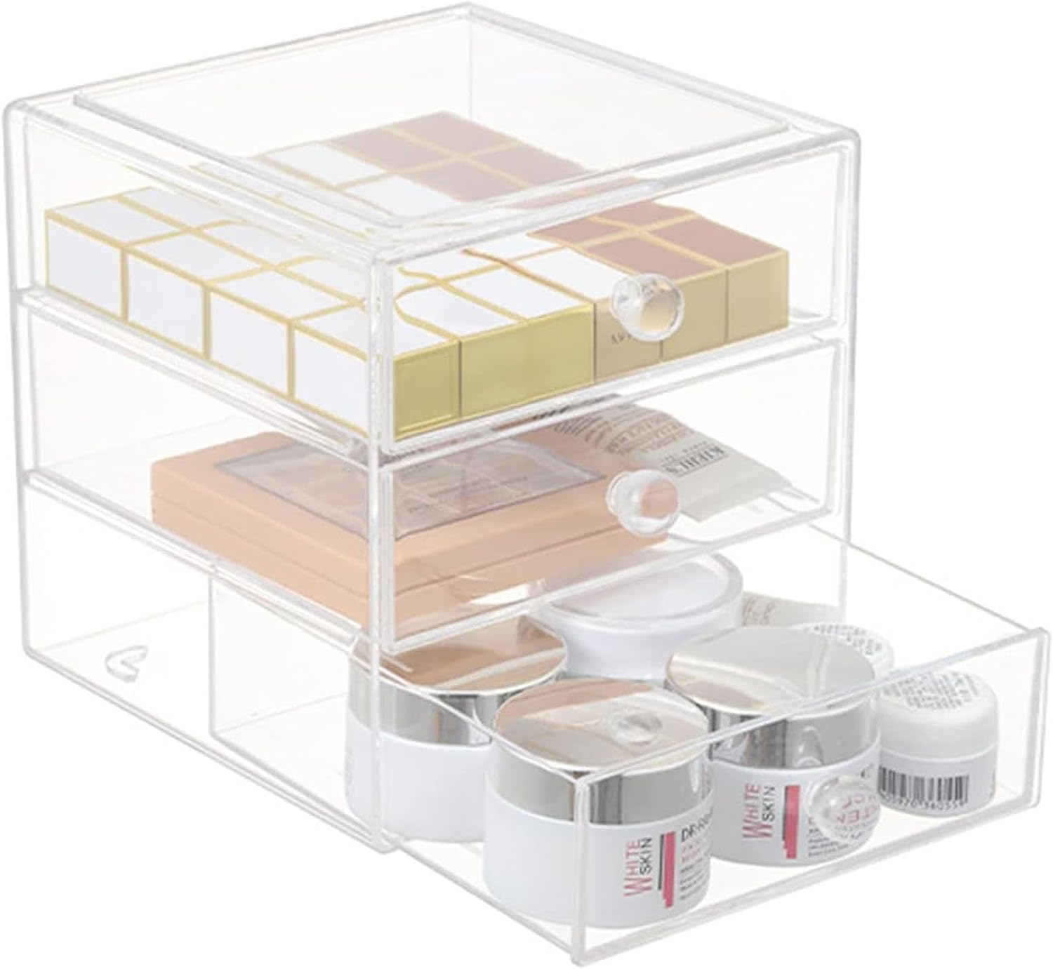 Makeup Drawer Organizer Box with 3 Drawers, Acrylic Cosmetic Display Case Vanity Organizer Jewelry Storage Box Stackable Storage for Cosmetics, Skin Care, Bathroom, Countertop, Clear