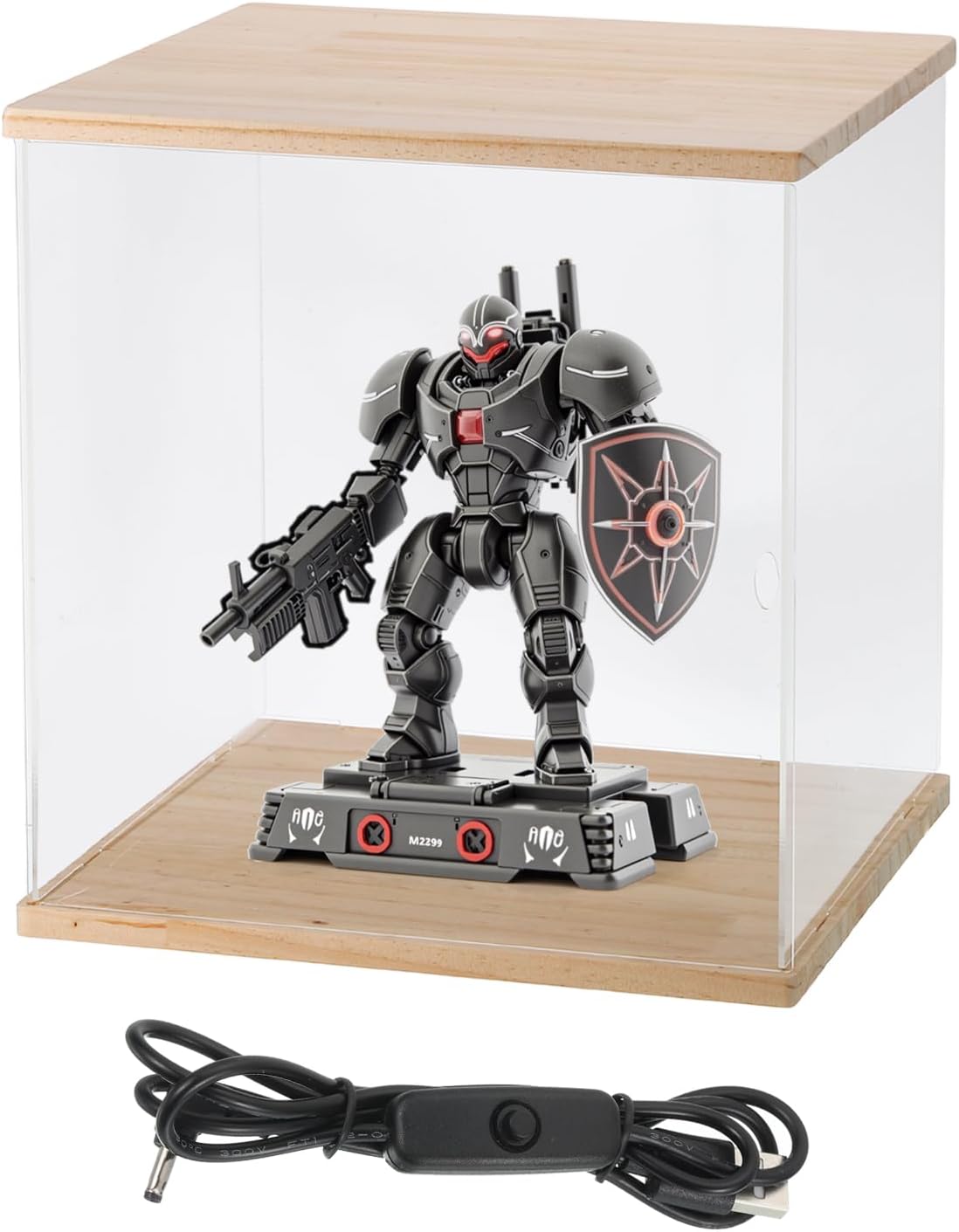 MECCANIXITY Clear Display Case, Acrylic Figure Display Case Clear Display Boxes for Collectibles, Figures Model Toys Home Storage(with Line LED Light, 10x10x15 Inch Wood Base)