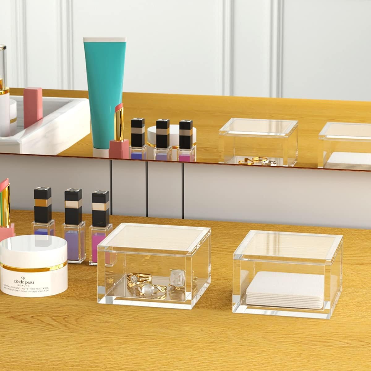 Private Label AITEE Small Acrylic Box with Lid, Clear Cube Display Case, Multi-Purpose Box Square Container for Holding Staples, Highlighters, Adhesive Tape, Paper Clips, Stamps, Display in Office or Home (Small) Custom Logo Service