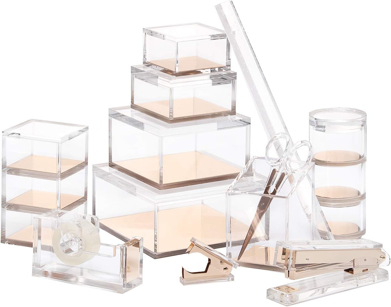 Private Label OfficeGoods Acrylic Desk Organizer w/Gold Base – Functional & Elegant Odds & Ends Box for Display or Storage – Perfect for Home or Office, Kitchen, Bathroom Vanity, Curio Display - Large Custom Logo Service