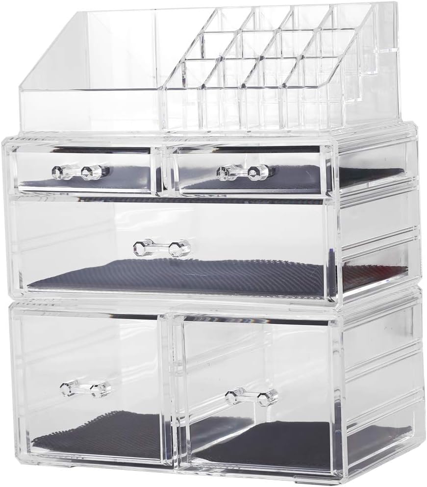 Sooyee Makeup Organizer,Acrylic Cosmetic Organizer Storage Drawers Jewelry and Cosmetic Display Cases Box(5 Drawers 7 Tiers) 3 Pieces Stackable,Clear