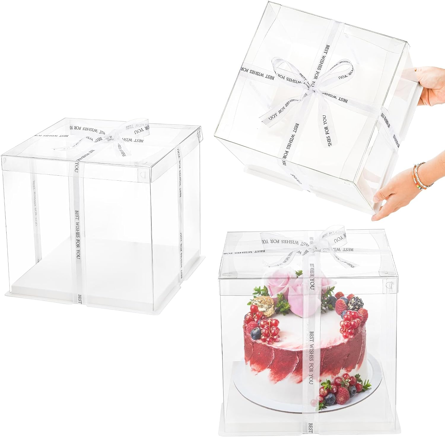 ODM 6 Pcs Clear Cake Box with Ribbon 2-Layer 10x10x10 Inch, Transparent Cake Carrier Box with Lids, PET Tall Cake Packaging Boxes, Clear Gift Boxes for Birthday, Wedding and Festival Party Custom Mold Development