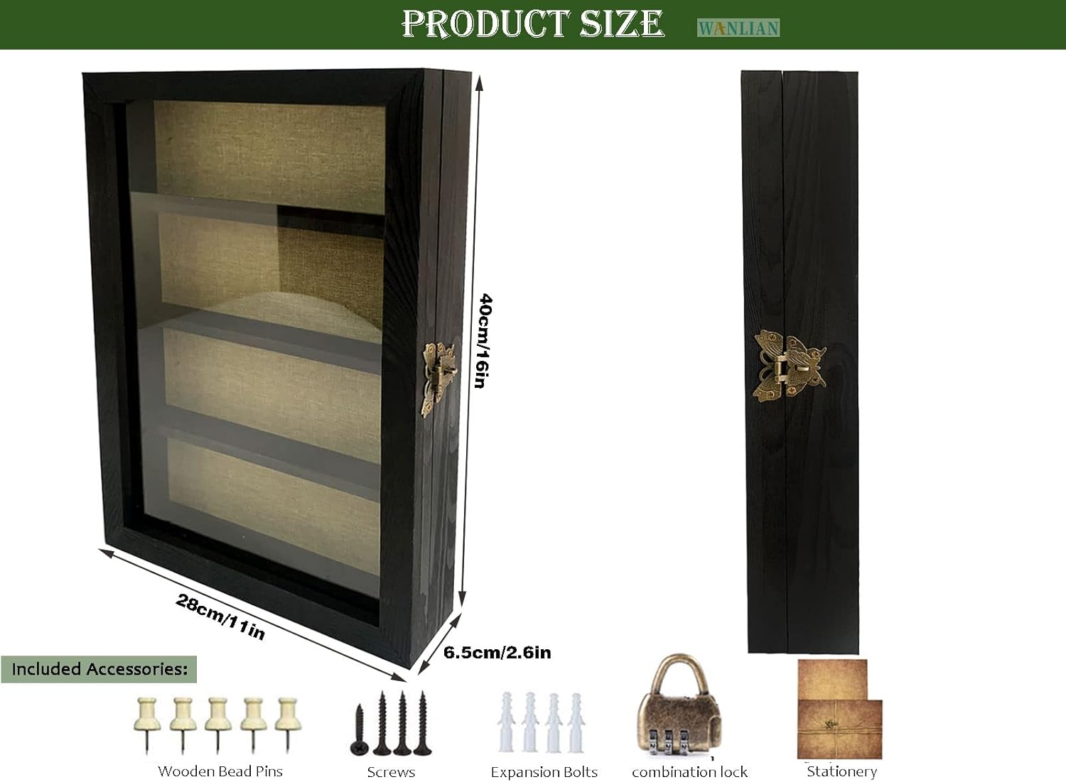 Private Label WANLIAN Large Shadow Box with Shelves, 11x16 Wooden Shadow Box Display Cabinet with Acrylic Window, 3 Removable Shelves and Linen Back, for Displaying Photo Souvenir Collection (Black) Wholesale Manufacturer