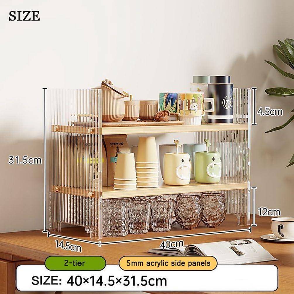 Private Label FOTN 2-tier Kitchen countertop spice rack Cup shelf organizer, household Cupboard Cabinet coffee cup mug cup storage rack, simplev desktop acrylic and wood small bookshelf bookcase (2-tier) Dropshipping Friendly