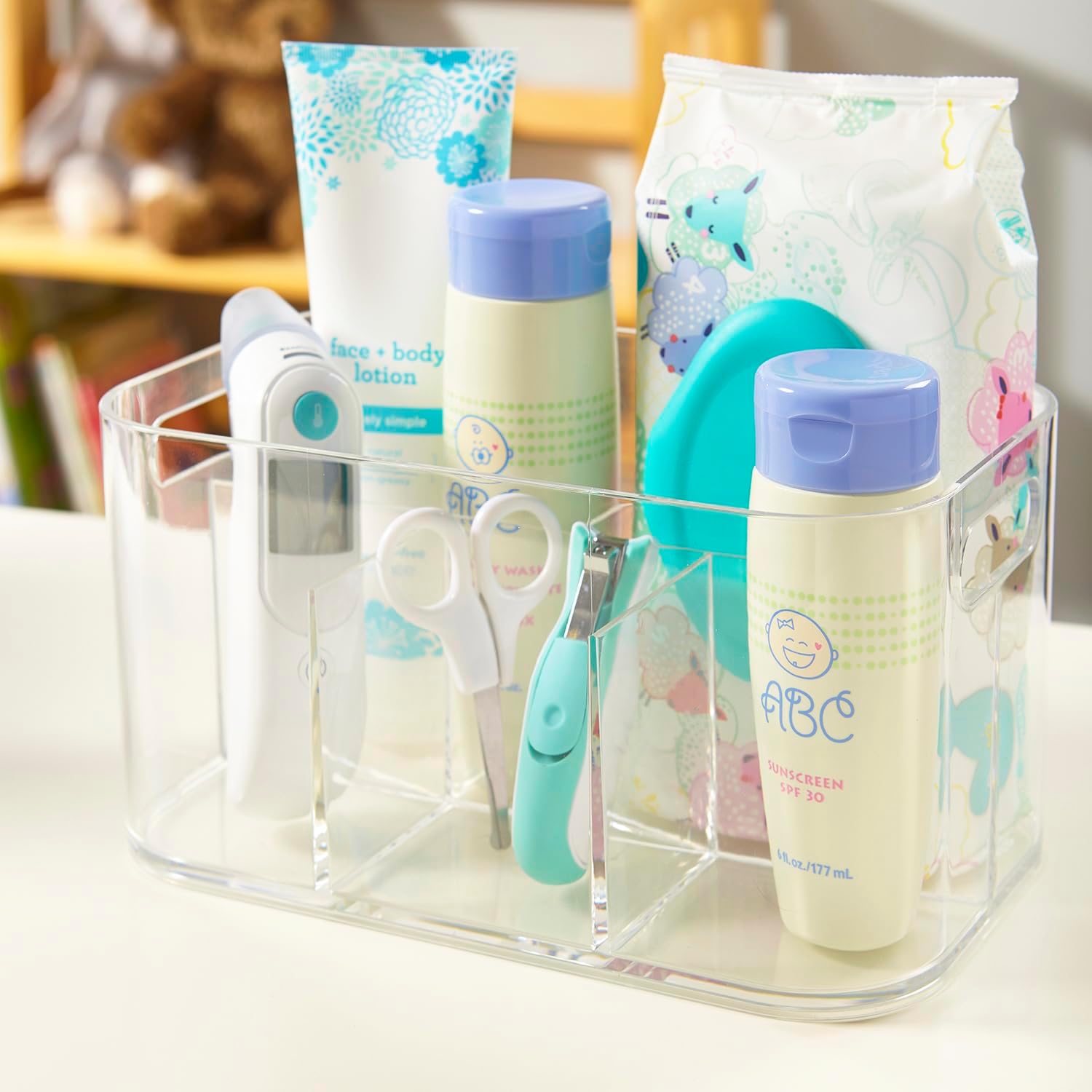 Private Label STORi Bliss 5-Compartment Plastic Cosmetics Storage Organizer | Clear | Rectangular Divided Makeup Bin & Vanity Caddy with Pass-Through Handles | Round Corner Design | Made in USA Factory Direct Price