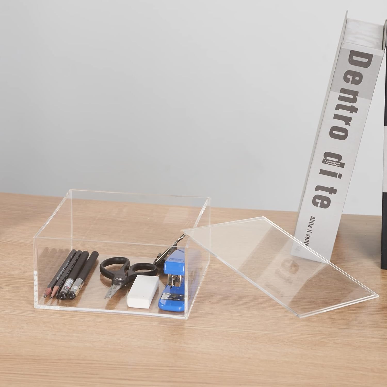 ODM Decorative Acrylic Box with Lid, Clear Cube Display Case, Multi-Purpose Box Square Container for Highlighters, Adhesive Tape, Paper Clips, Stamps, Display in Office or Home-AC002-L Custom Logo Service