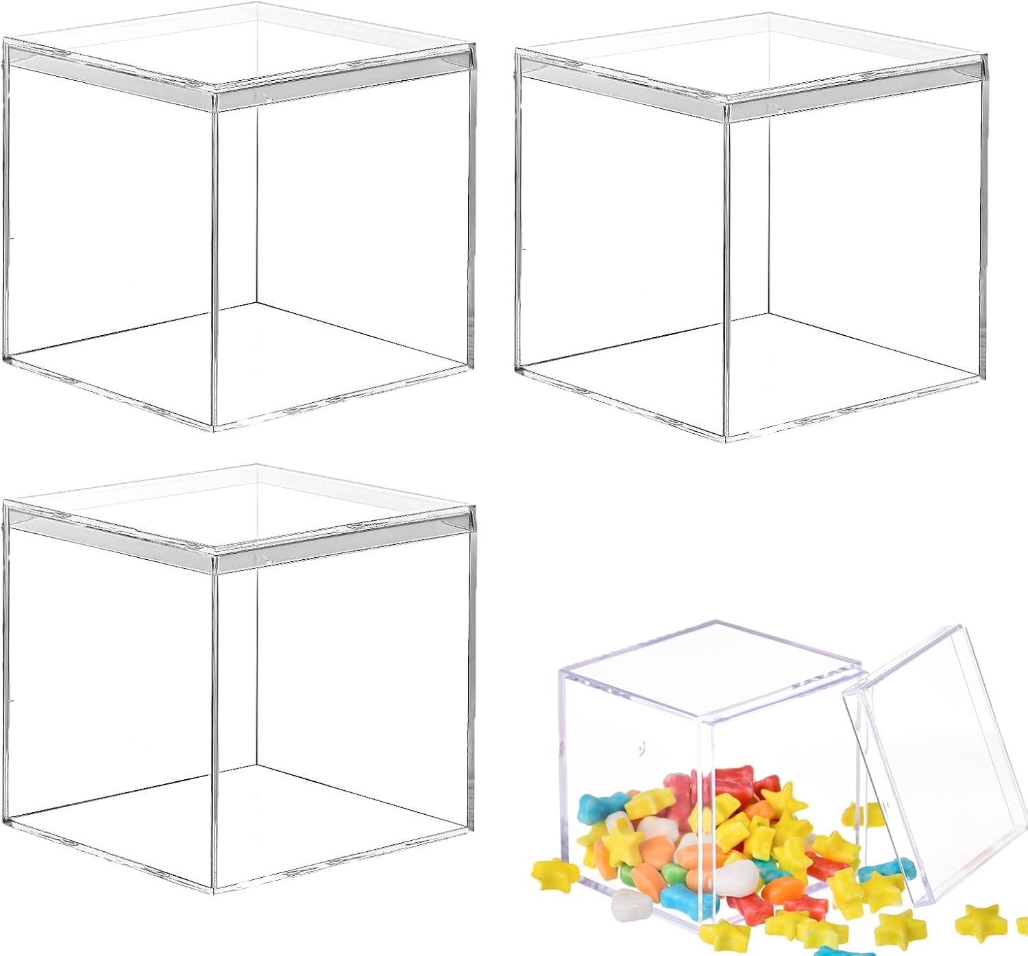 Acrylic Boxes for Display Clear Plastic Square Cube, 3.3x3.3x3.3Inch/85x85x85mm Small Acrylic Box with Lid, Candy Pill and Tiny Jewelry Storage Boxes Organize Containers, (3 pack)