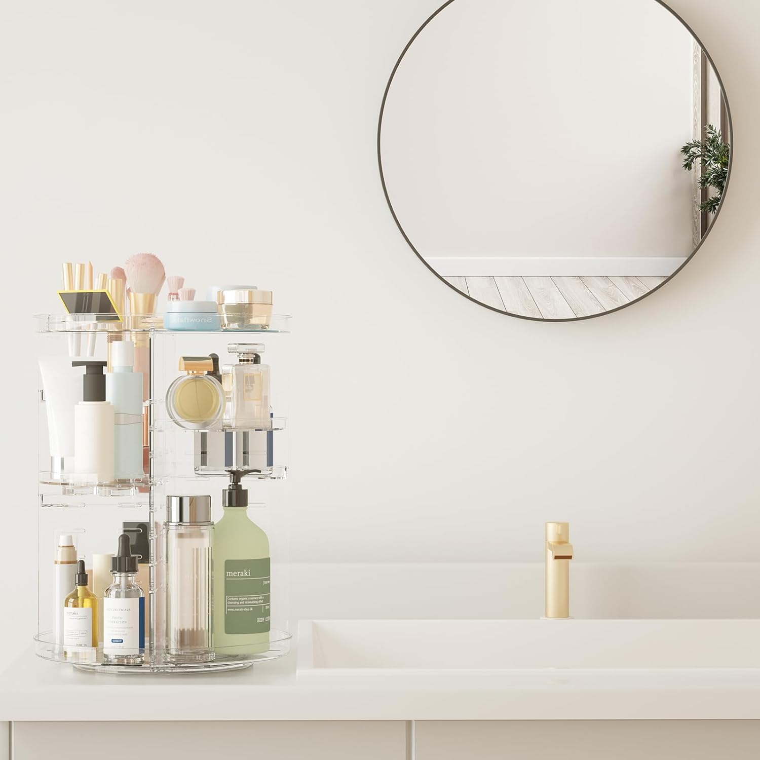 Private Label Rotating Makeup Organizer, DIY 8 Adjustable Layers Spinning Skincare Organizer, Cosmetic Display Case with Brush Holder Perfume Tray, Multi-Function Storage Carousel for Vanity Bathroom Countertop Factory Direct Price