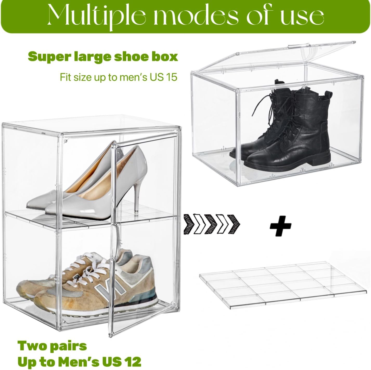Wholesale OEM ODM Acrylic Display Case with an Adjustable Divider, 2 Tiers XXX-Large Boot Shoe Storage Boxes Clear Plastic Stackable Storage Bin with Lids Super Large Clear Display Box for Shoes, Collectibles Factory & Supplier
