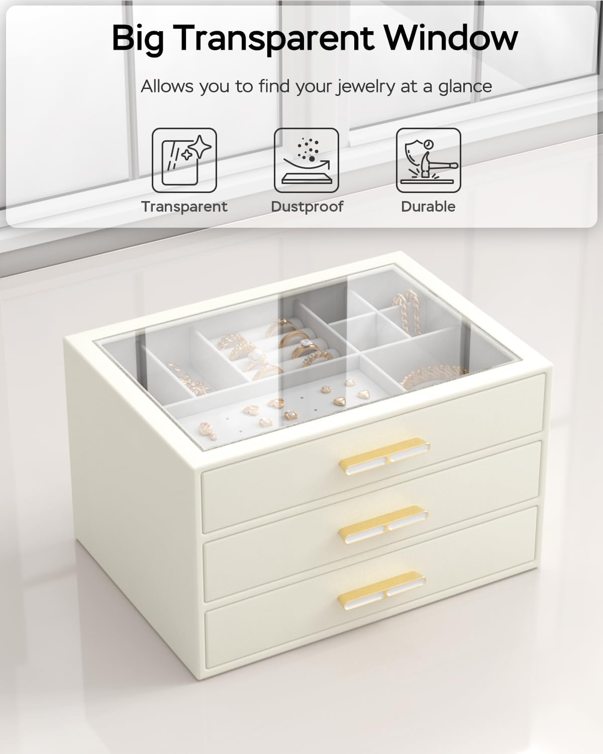 Direct Manufacturer Jewelry Box for Women, 3-Layer Drawer Jewelry Organizer with Clear lid, Large Jewelry Boxes Accessory for Necklaces, Rings, Earrings, Bracelets Storage, Mothers Day Gifts for Mom, Cloud White Low MOQ