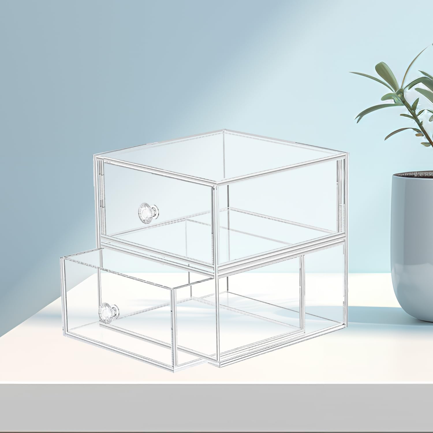 Private Label Acrylic Jewelry Box Clear Jewellery Storage Drawer Transparent Cosmetic Display Stand Holder Home Organizer Tray for Earring Necklace Rings Bracelet Makeup (2 drawer) Custom Logo Service