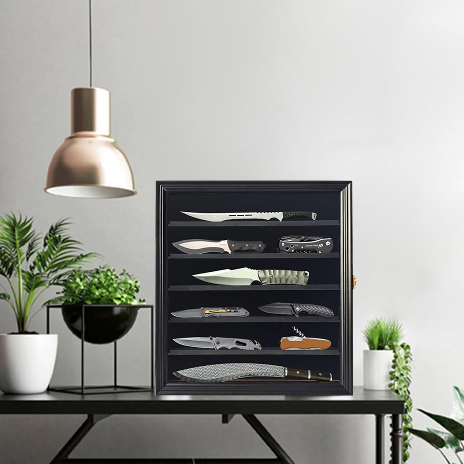 Private Label Military Folding Knife Shadow Box,Knife Display Case Pocket Knife Display Stand Acrylic Lockable Display Cabinet Wall Folding Knife Shadow Box with UV Protection for Military Knife Collection, Custom Mold Development
