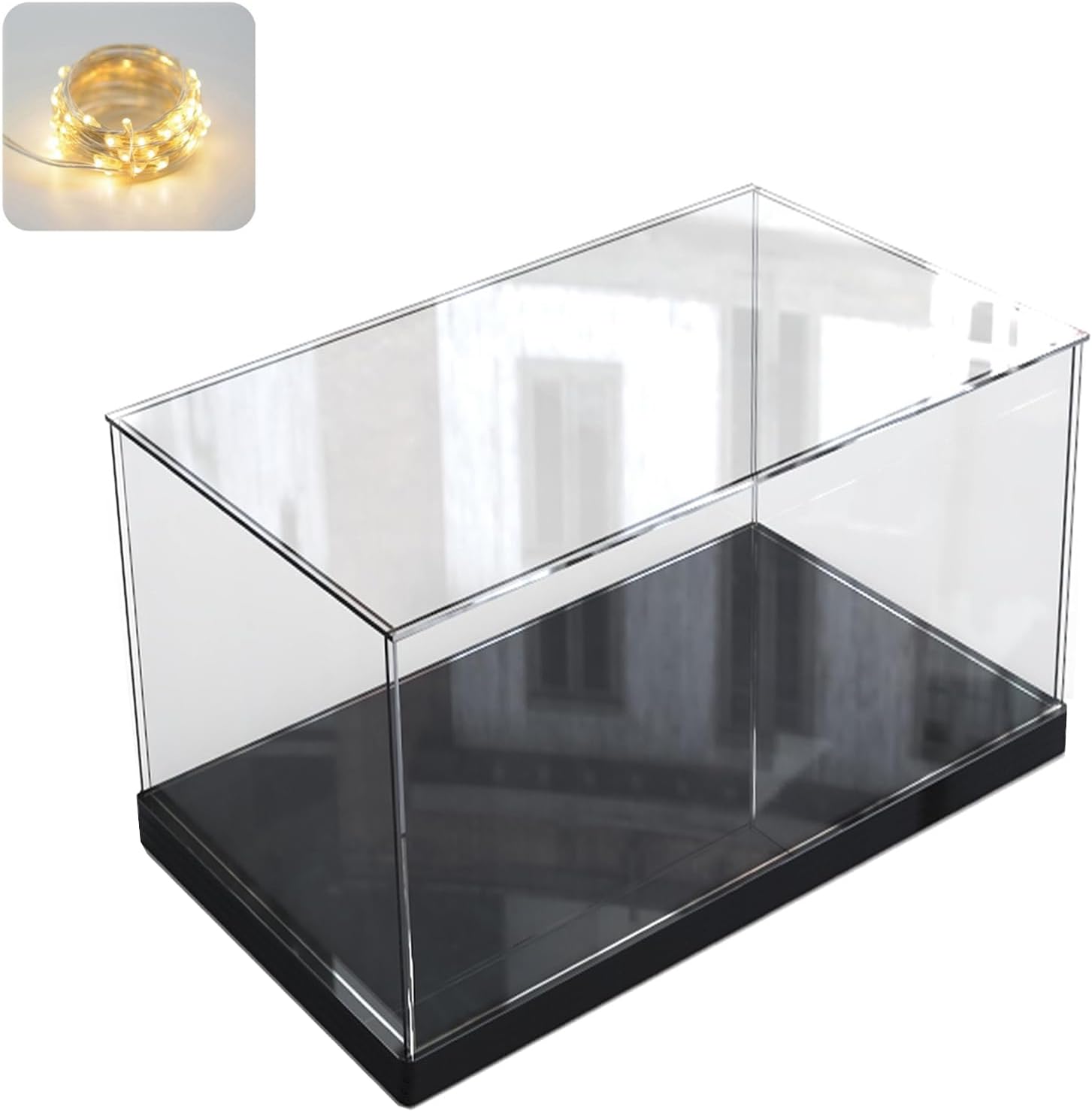 Clear Acrylic Display Case for Collectibles Assemble Transparent Acrylic Box Dustproof Protection Showcase with Black Wood-Plastic Base and Lamp Beads,Inside 7.9x3.9x3.9inch
