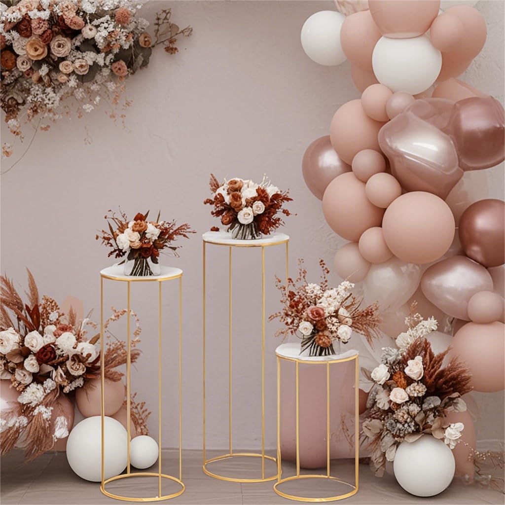 Private Label 3pcs Metal Cylinder Pedestal Stand for Party, Cilindros Para Decoraciones De Fiestas, Round Cake Pedestal Tables for Wedding Display, Event Decor with Floral Plant, Birthday Backdrop- Gold OEM Wholesale Manufacturer