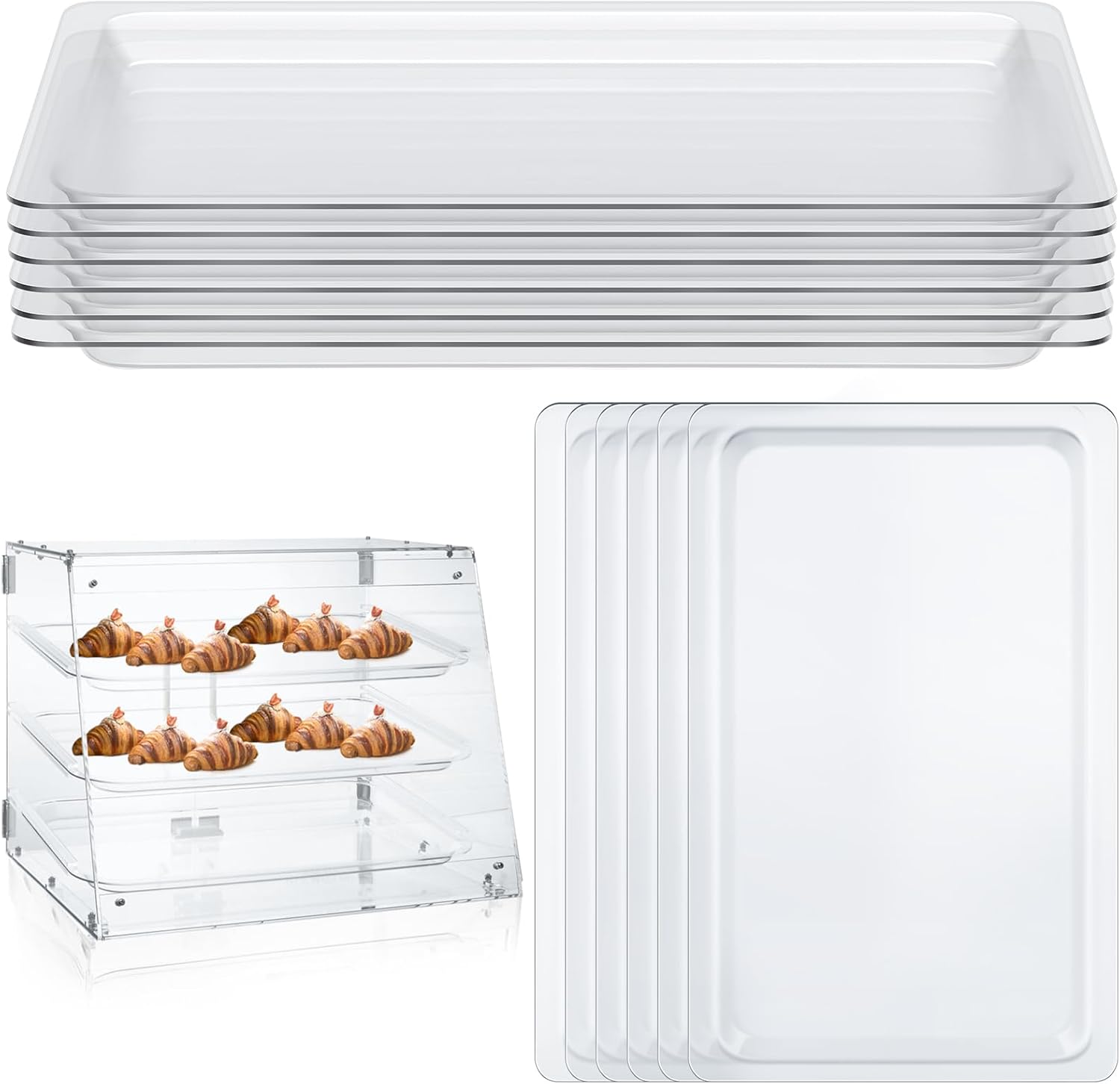6 Pack Clear Acrylic Bakery Display Case Tray 20-1/4 x 13-7/16 Inch Countertop Pastry Case Tray for 2/3/4 Tier Bakery Display Baked Goods Bread Bagels Donuts Food Retail Commercial Home