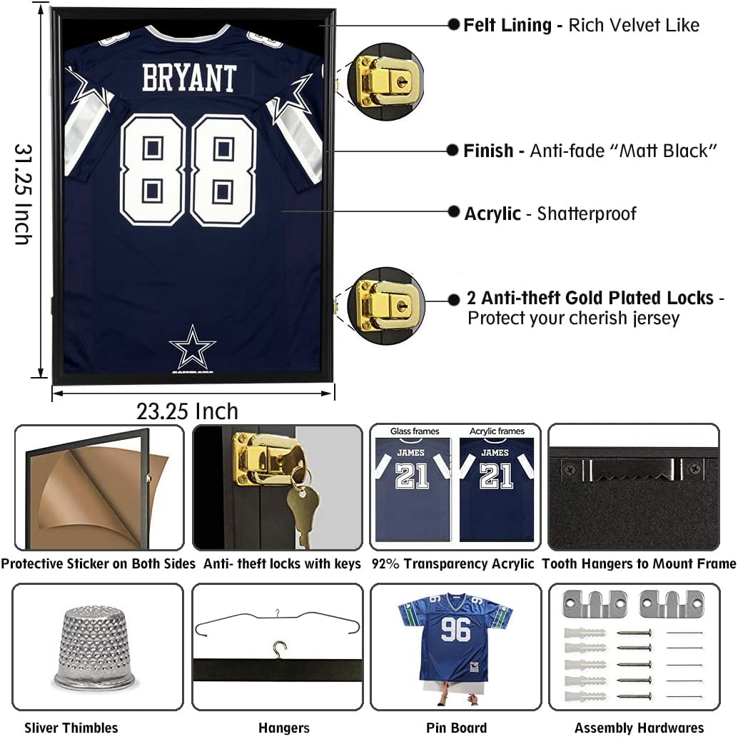 Private Label Jersey Display Frame Case Large Frames Shadow Box Lockable with UV Protection Acrylic Hanger and Wall Mount Option for Baseball Basketball Football Soccer Hockey Sport Shirt Custom Mold Development
