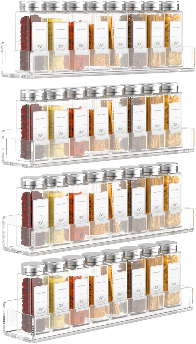 FEMELI Acrylic Wall Mount Spice Rack - 15 Inch, 4 Pack Hanging Spice Rack Shelf for Cabinets, Cupboard or Pantry Door, Kitchen Organizer