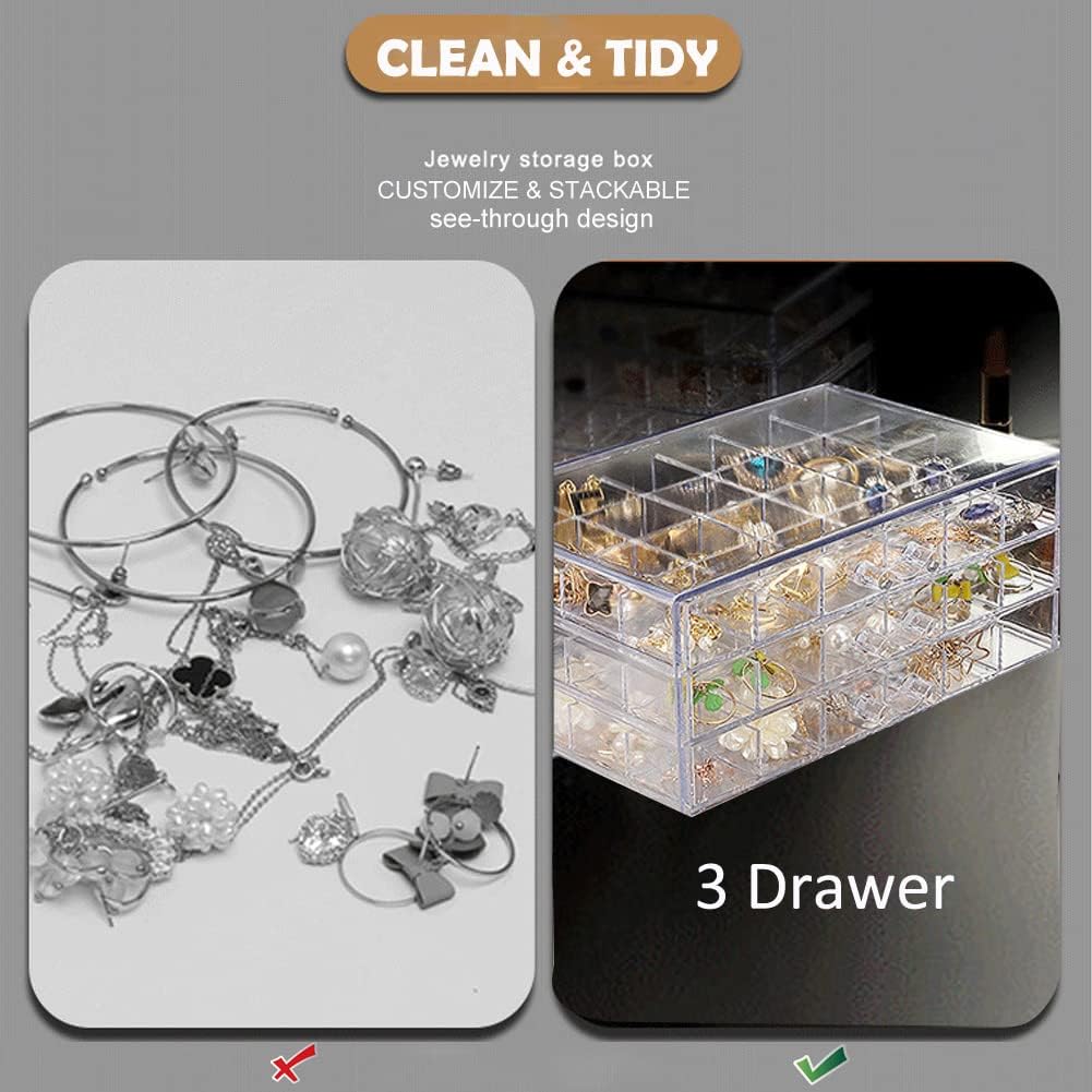 Direct Manufacturer Earring Storage Box Acrylic Jewelry Storage Holder Ring Clear Plastic Transparent Jewelry Display Stand with 3 Drawers 72 Small Compartment Tray for Women Girls Low MOQ
