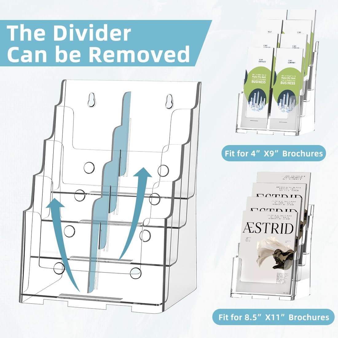 Wholesale Acrylic Brochure Holder 8.5 x 11 inch Brochure Display Stand, Magazine Holder 4 Tier Pamphlet Holder with Removable Divider for 4 x 9 inch Brochures for Wall Mount or Desktop China Factory Bulk Supply
